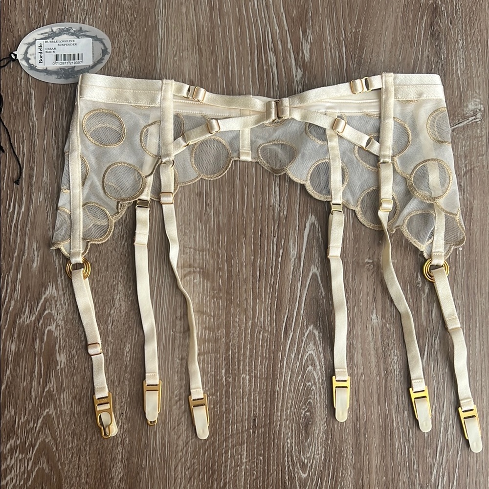 Bordelle Bubble Bodice Bra and Longline Suspender Set cream & gold size Small - Picture 11 of 17